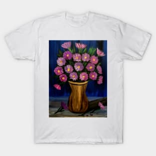 Beautiful purple and pink flowers in a vintage gold vase T-Shirt